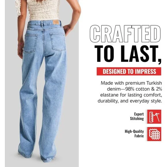 High Waisted Wide Leg Jeans Womens Cotton Elastane Trendy Comfort Streetwear